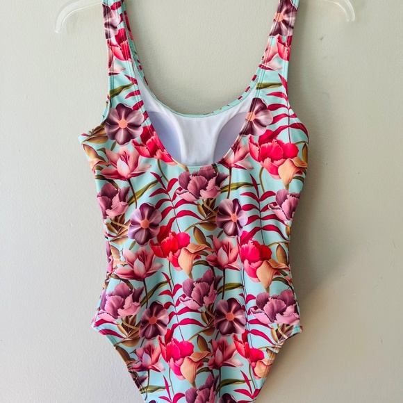 Nicole Miller Sz M Floral Padded One Piece Swimsuit Mint Green Stretch - Picture 2 of 5